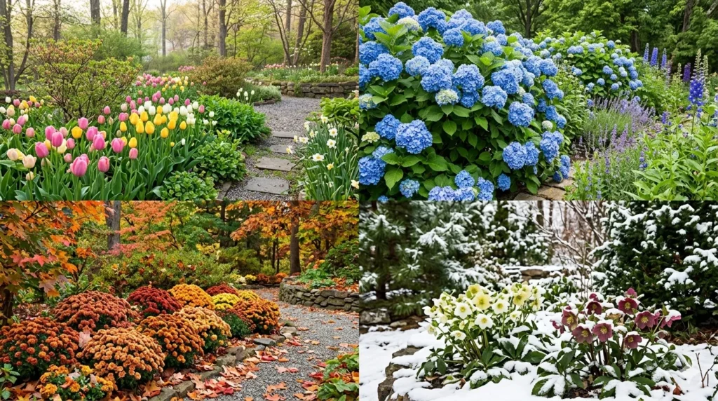 Best flowering plants for year-round color – collage of spring tulips, summer hydrangeas, fall mums, and winter hellebores.