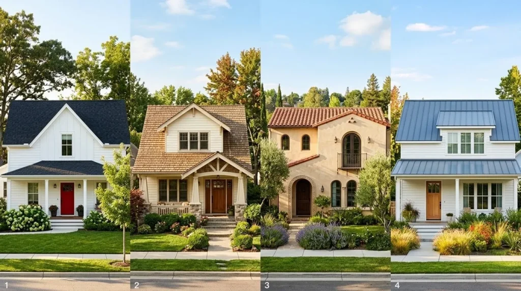 oof colour ideas that complement exterior paint – four home styles: black roof on white farmhouse, brown shake roof on craftsman, terracotta roof on Mediterranean villa, slate blue roof on coastal house.