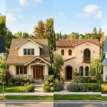 oof colour ideas that complement exterior paint – four home styles: black roof on white farmhouse, brown shake roof on craftsman, terracotta roof on Mediterranean villa, slate blue roof on coastal house.