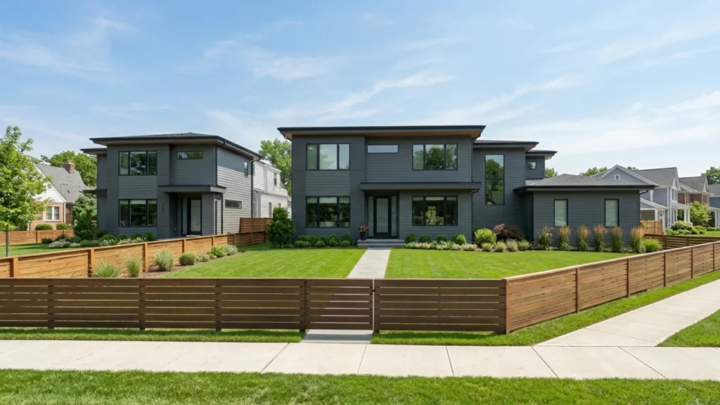fence style guide which matches your home's exterio– modern home with horizontal cedar slat fence.