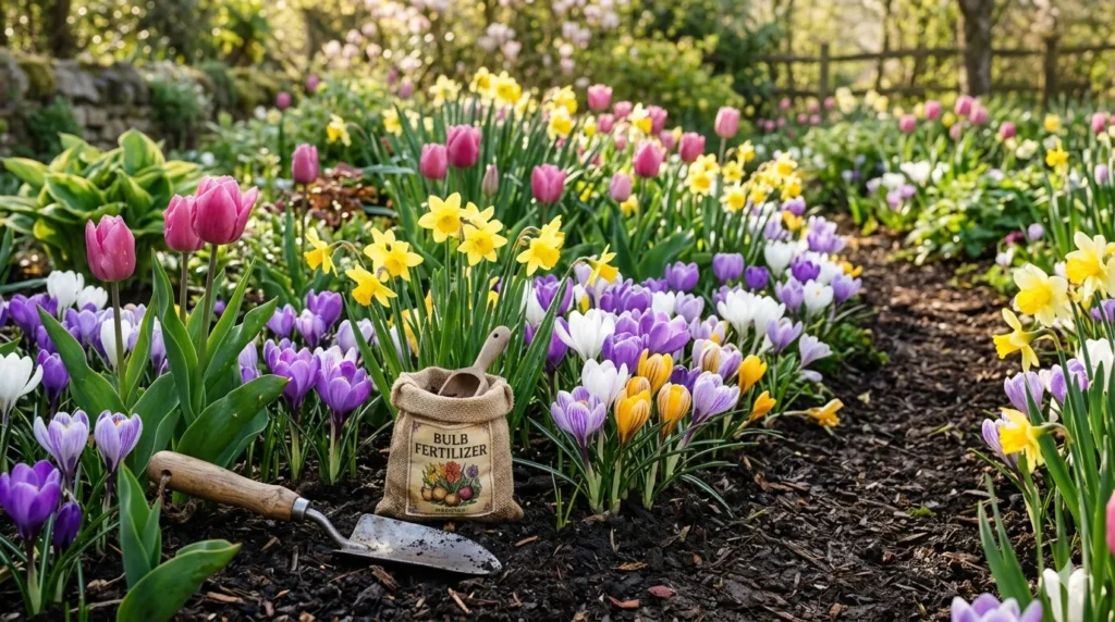 Best flowering plants for year-round color – spring crocus, daffodil, and tulip bulbs blooming in a sunny garden.
