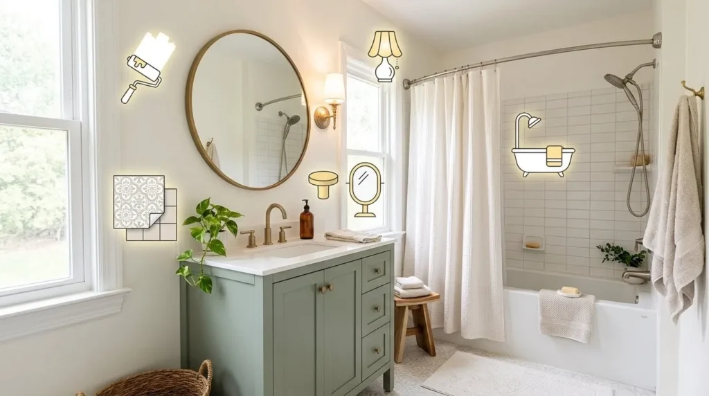 How to renovate a bathroom β featured image showing five transformation steps: paint, tile, hardware, shower, lighting.