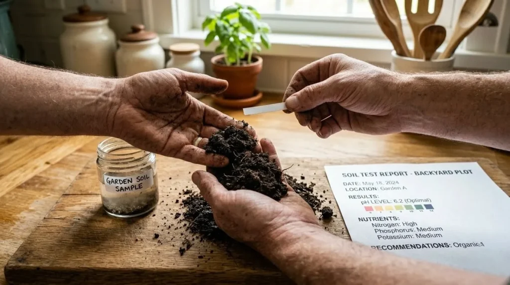 How to get a lush green lawn from scratch – step 1 testing soil pH with a test strip and sample jar.