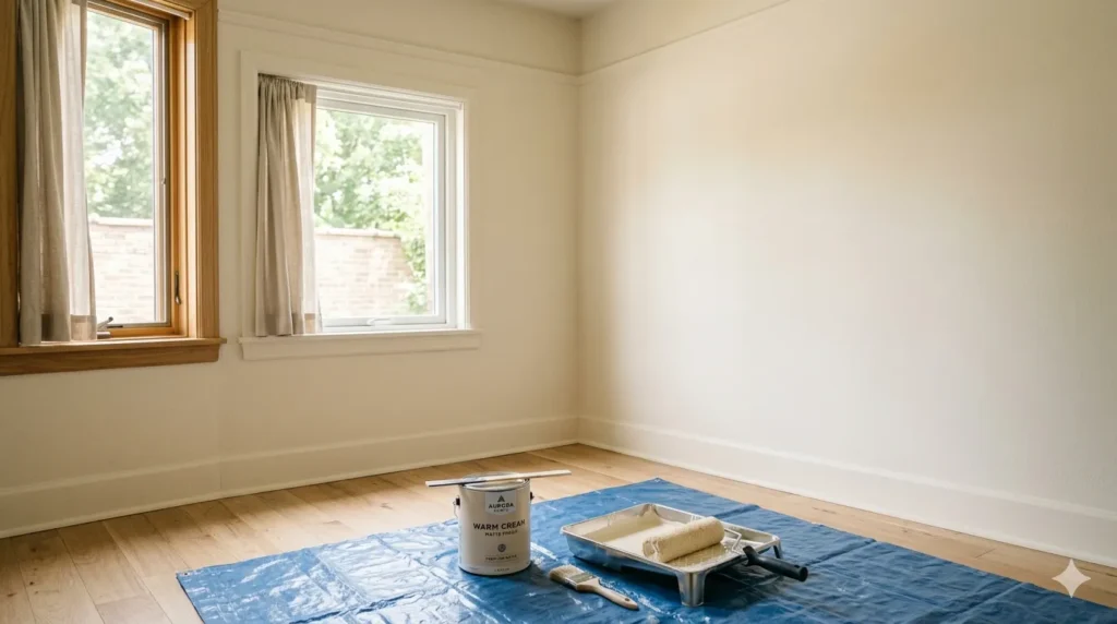 How to style a small bedroom to feel like a retreat – step 1, painting walls a light neutral cream color.