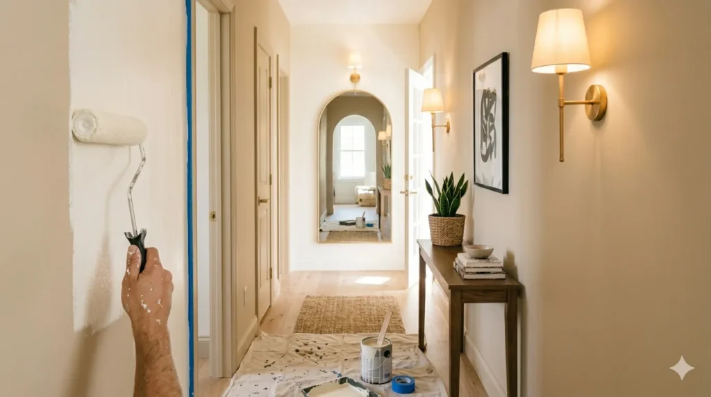 How to transform a dark narrow hallway – step 2, a large mirror at the end of the hallway reflecting light and creating depth.