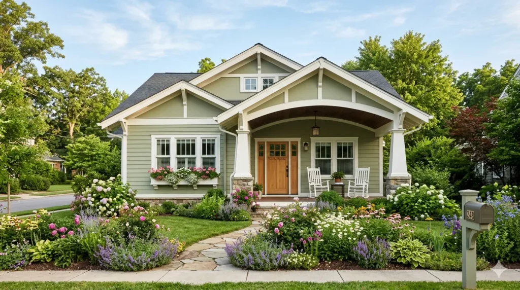 Best exterior paint colors trending – sage green craftsman bungalow with white trim and wood door.