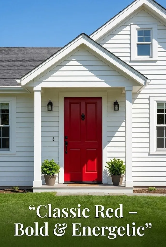 7 bold front door colors: red, navy, yellow, black, sage, teal, terracotta on white houses.-bold front door colours that transform a home exterior