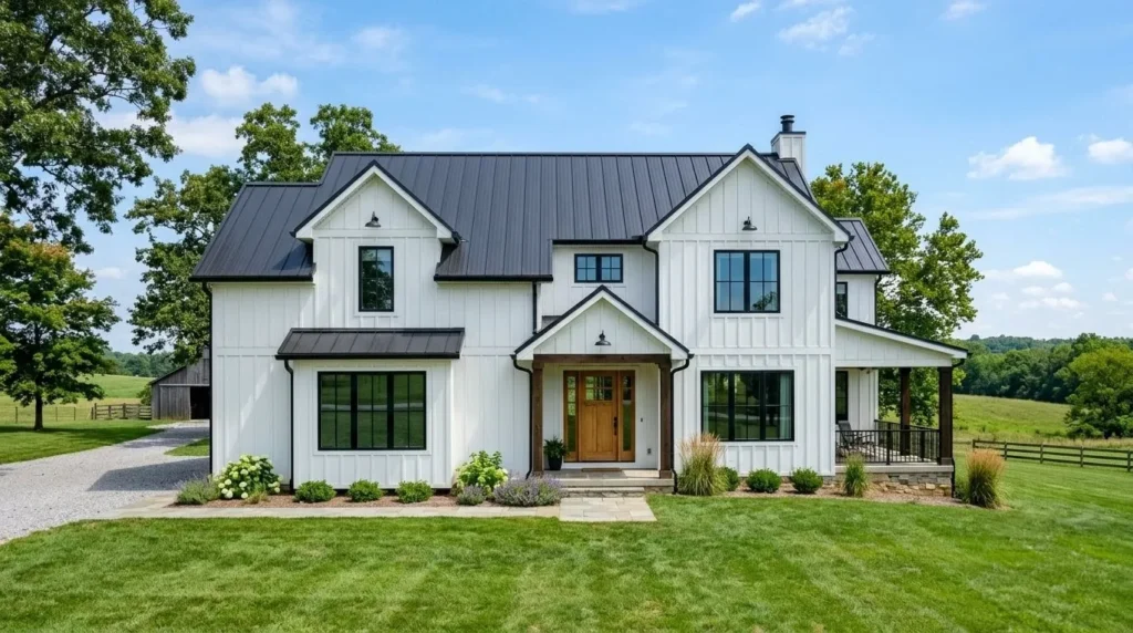 oof colour ideas that complement exterior paint – white farmhouse with bold charcoal black roof.