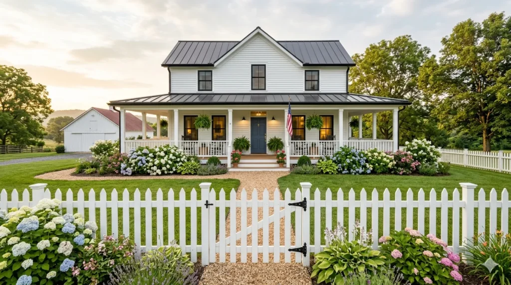 fence style guide which matches your home's exterior – farmhouse with classic white picket fence.