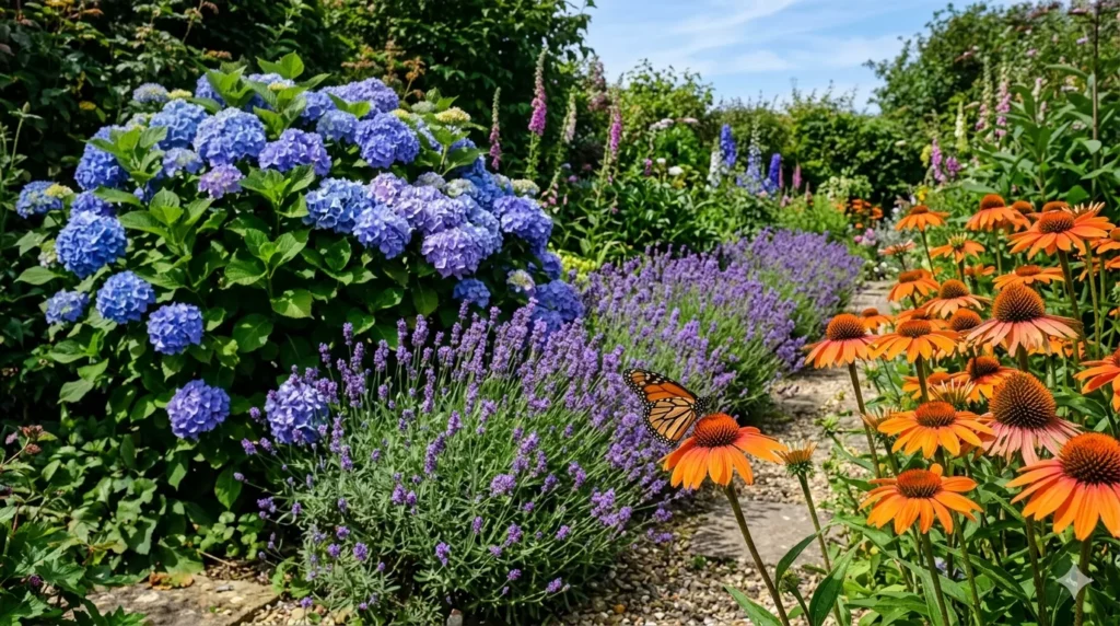 Best flowering plants for year-round color – summer hydrangea, lavender, and coneflower in full bloom.