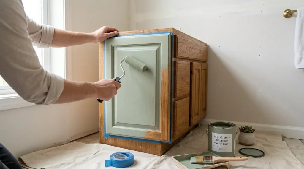 How to renovate a bathroom – step 1 painting the vanity with sage green paint.
