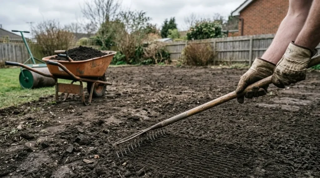 How to get a lush green lawn from scratch – step 2 clearing and leveling bare soil with a rake and roller.