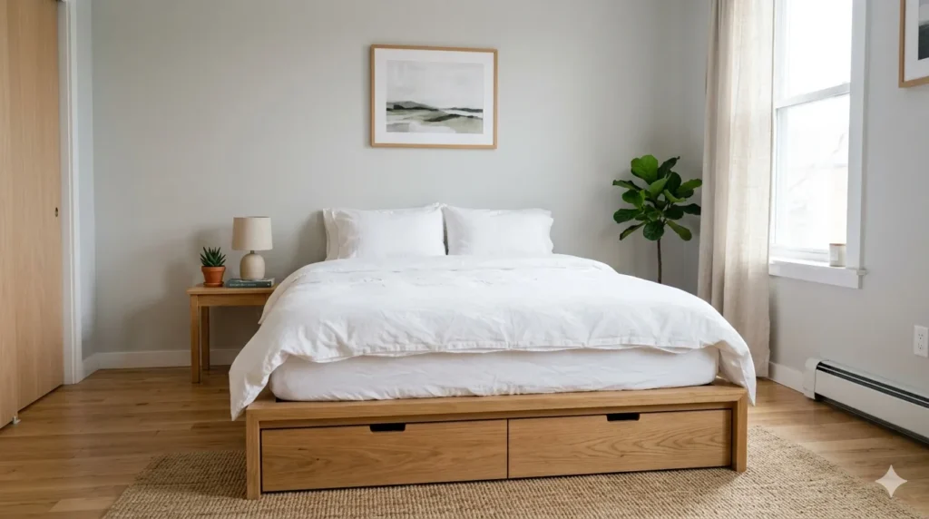 How to style a small bedroom to feel like a retreat – step 2, a low platform bed with storage drawers.