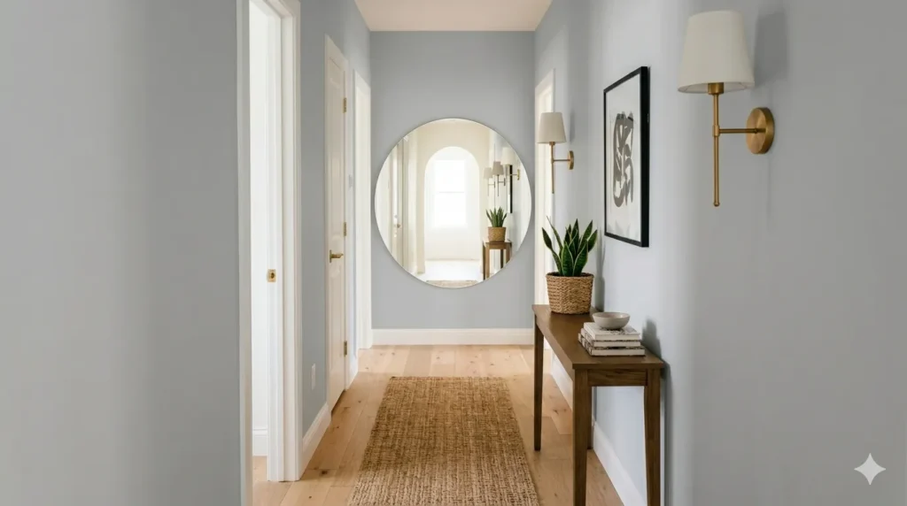 How to transform a dark narrow hallway – step 2, a large mirror at the end of the hallway reflecting light and creating depth.