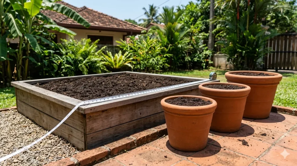 How to start a vegetable garden from scratch – step 2, starting small with a 4x4 raised bed and containers.