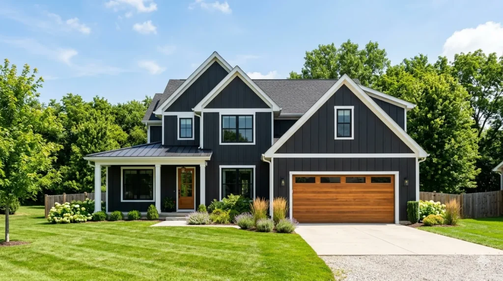 Best exterior paint colors trending – charcoal black modern farmhouse with white trim and wood garage door.