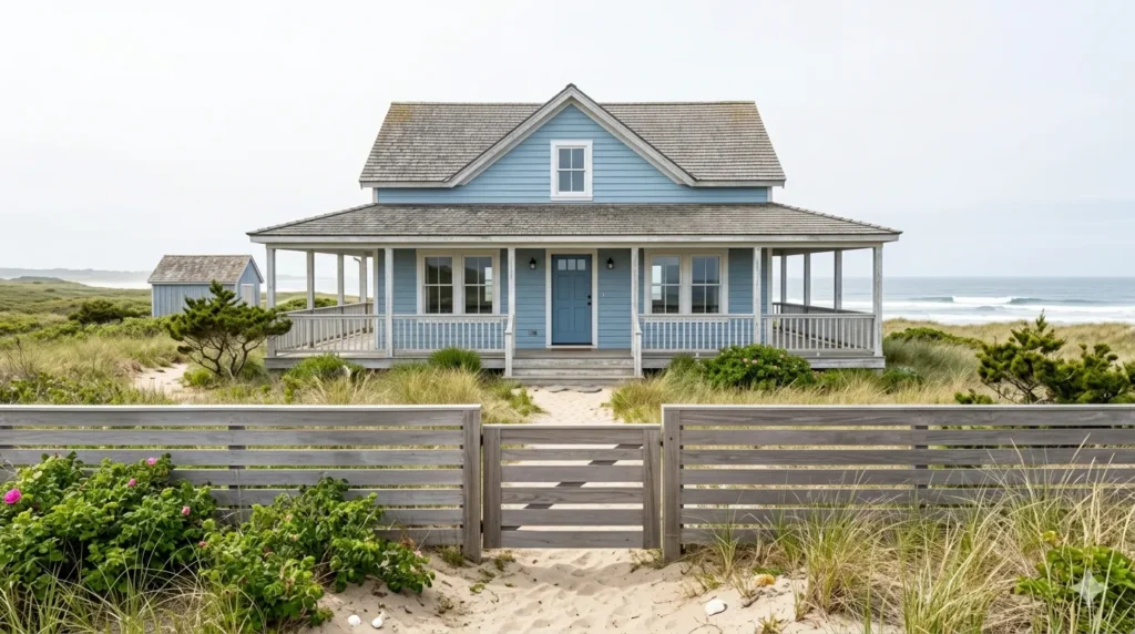 fence style guide which matches your home's exterio– coastal cottage with horizontal driftwood fence.