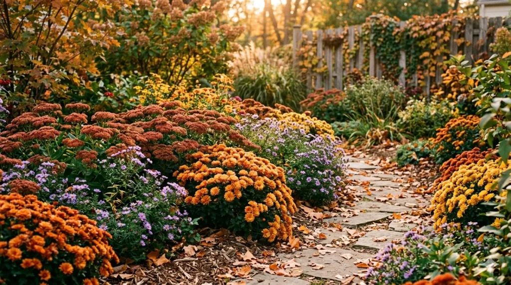 Best flowering plants for year-round color – autumn mums, sedum, and asters providing vibrant fall color.