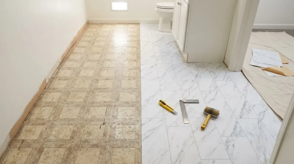 How to renovate a bathroom – step 2 installing peel‑and‑stick tile floor in a staggered pattern.