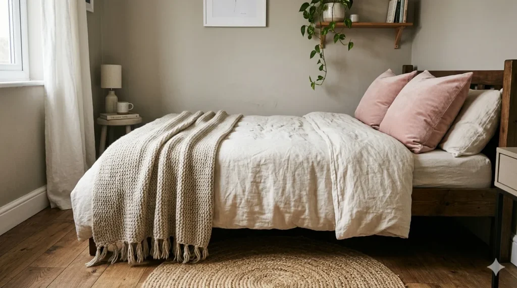 How to style a small bedroom to feel like a retreat – step 3, layered textures including linen, knit, velvet, and jute.