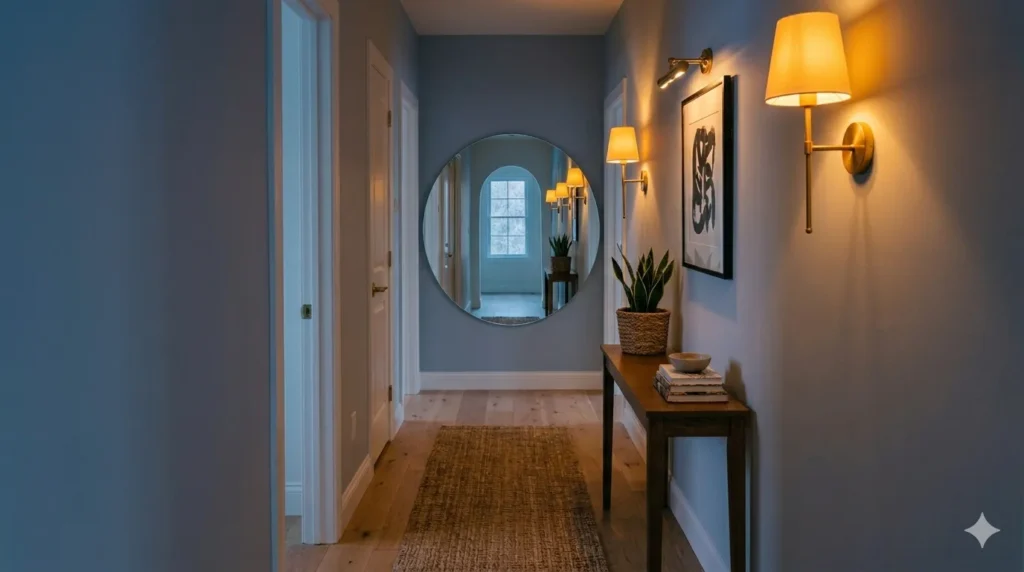 How to transform a dark narrow hallway – step 3, layered warm lighting with wall sconces and picture light, overhead off.