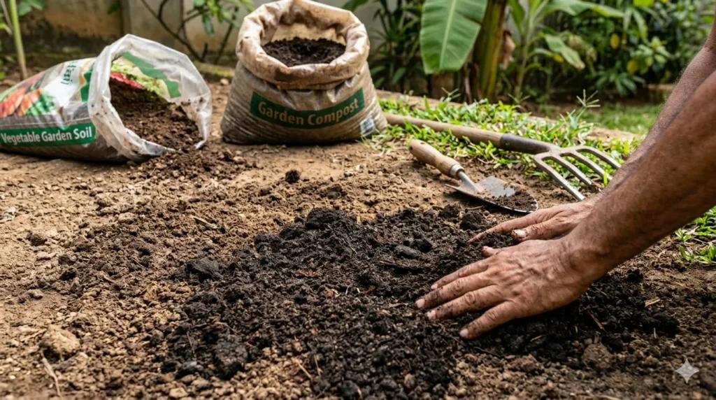How to start a vegetable garden from scratch – step 3, mixing compost into soil to create rich, healthy vegetable bed.