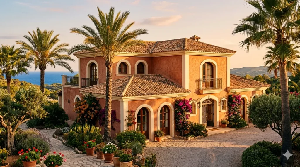 Best exterior paint colors trending – terracotta Mediterranean villa with cream trim and clay roof.