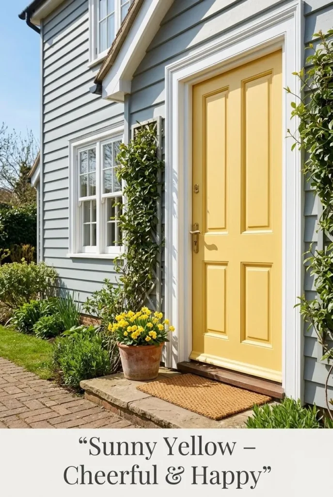 7 bold front door colors: red, navy, yellow, black, sage, teal, terracotta on white houses.-bold front door colours that transform a home exterior
