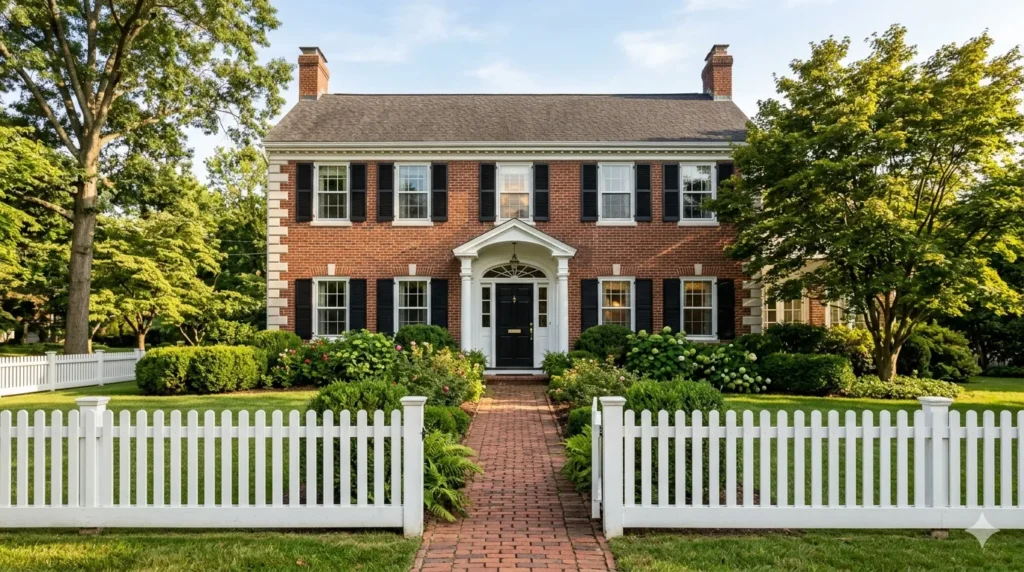 fence style guide which matches your home's exterior – traditional colonial home with white dog‑ear picket fence.