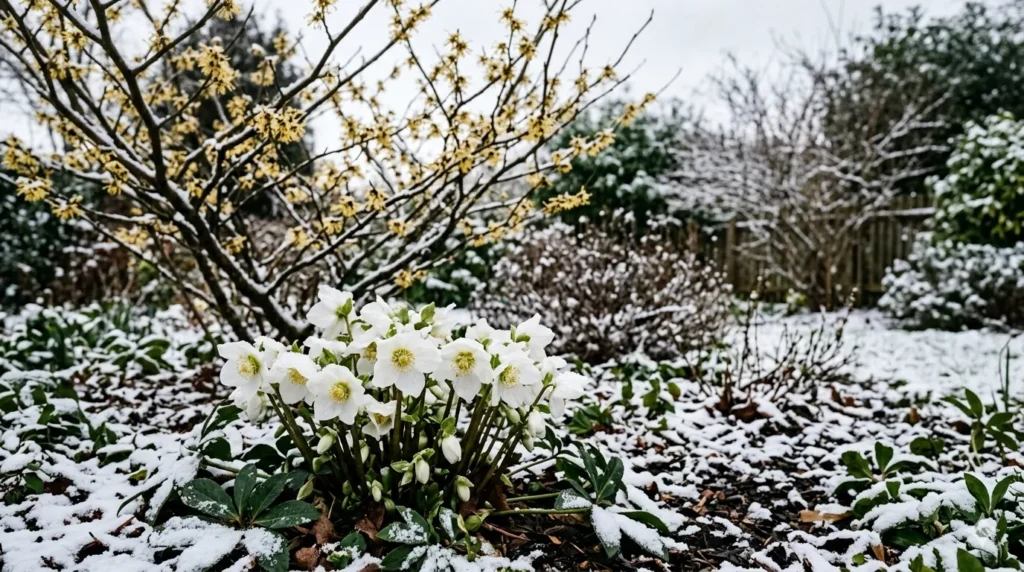 Best flowering plants for year-round color – winter hellebores blooming in snow with witch hazel in background.