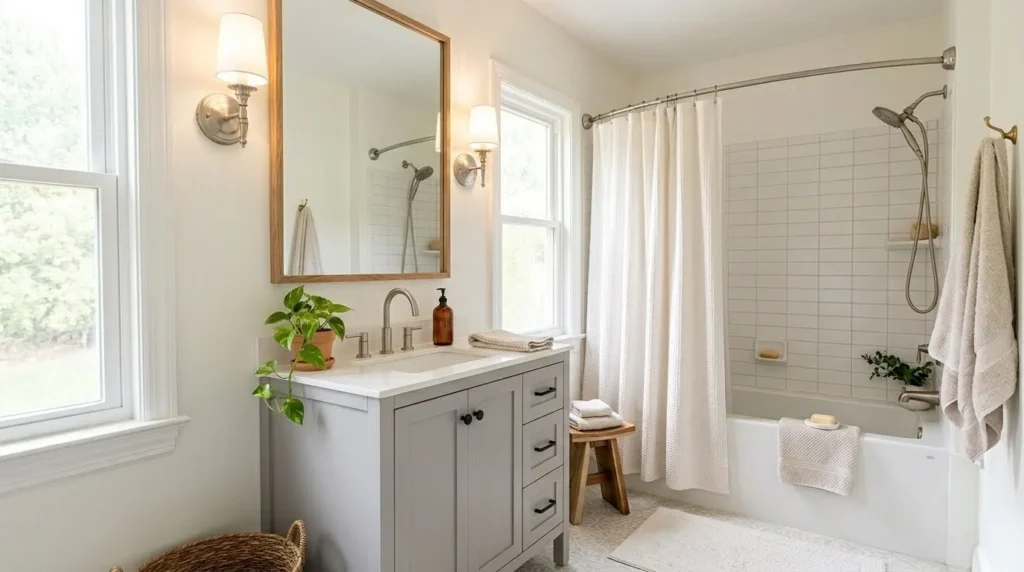 How to renovate a bathroom – step 3 refreshed vanity with new knobs, framed mirror, and new faucet.