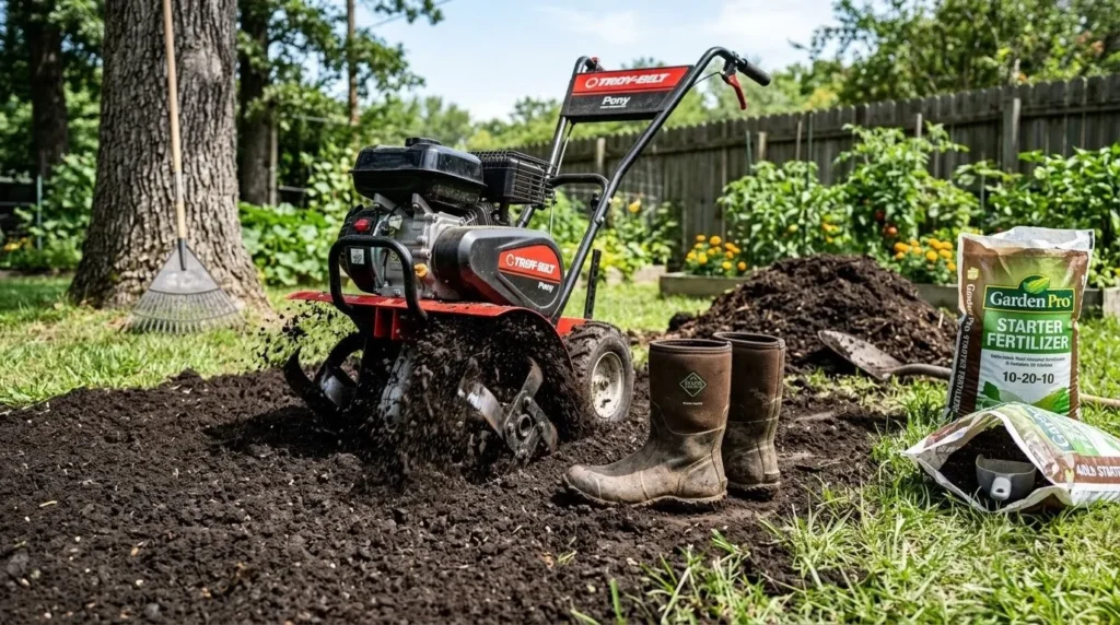 How to get a lush green lawn from scratch – step 4 tilling soil and adding compost to prepare the seedbed.