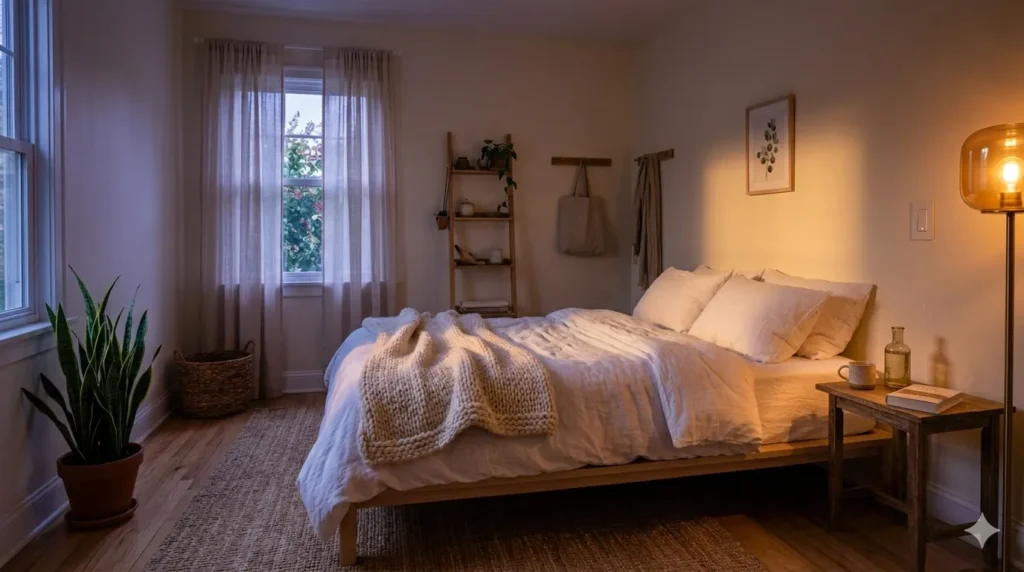 How to style a small bedroom to feel like a retreat – step 4, warm layered lighting with a table lamp and floor lamp.