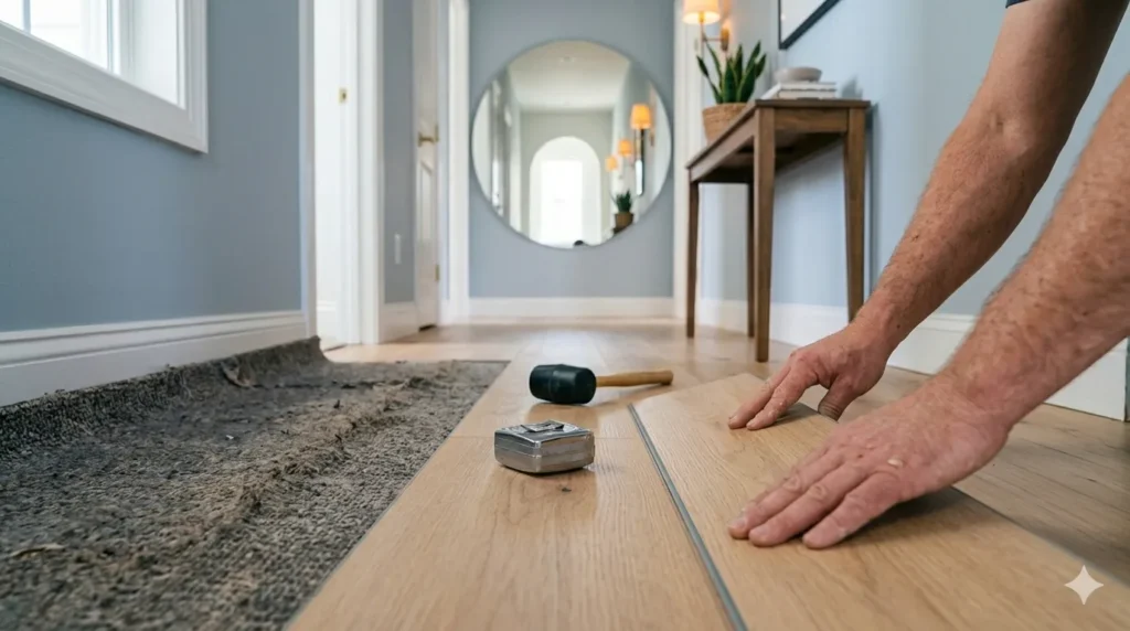 How to transform a dark narrow hallway – step 4, installing light oak flooring lengthwise to create a sense of width.