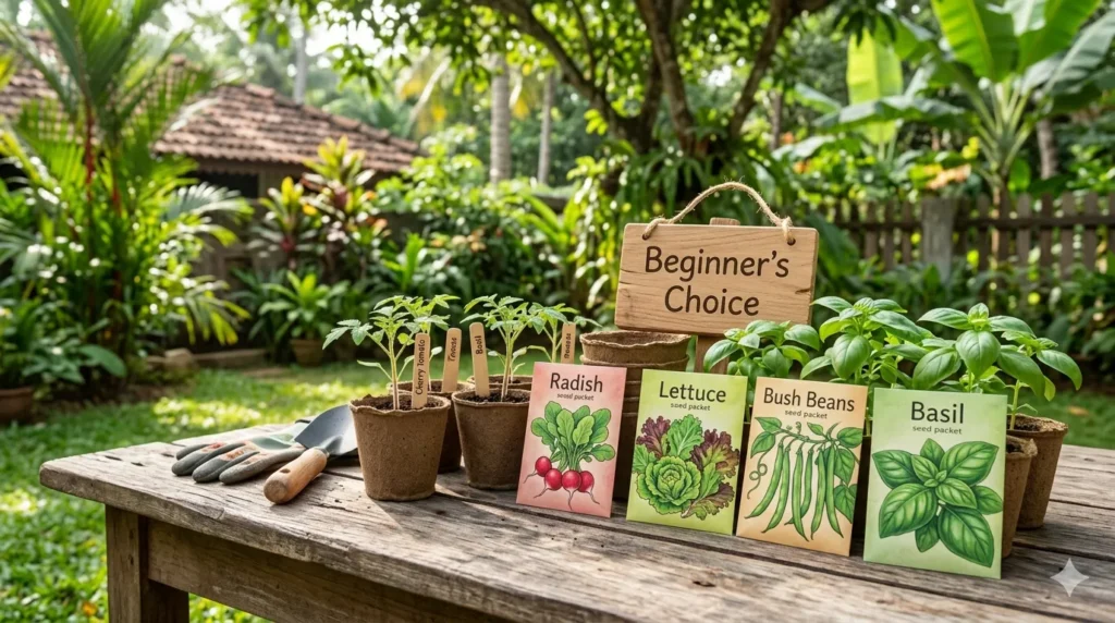 How to start a vegetable garden from scratch – step 4, choosing easy vegetables like radishes, lettuce, beans, basil, and cherry tomatoes.