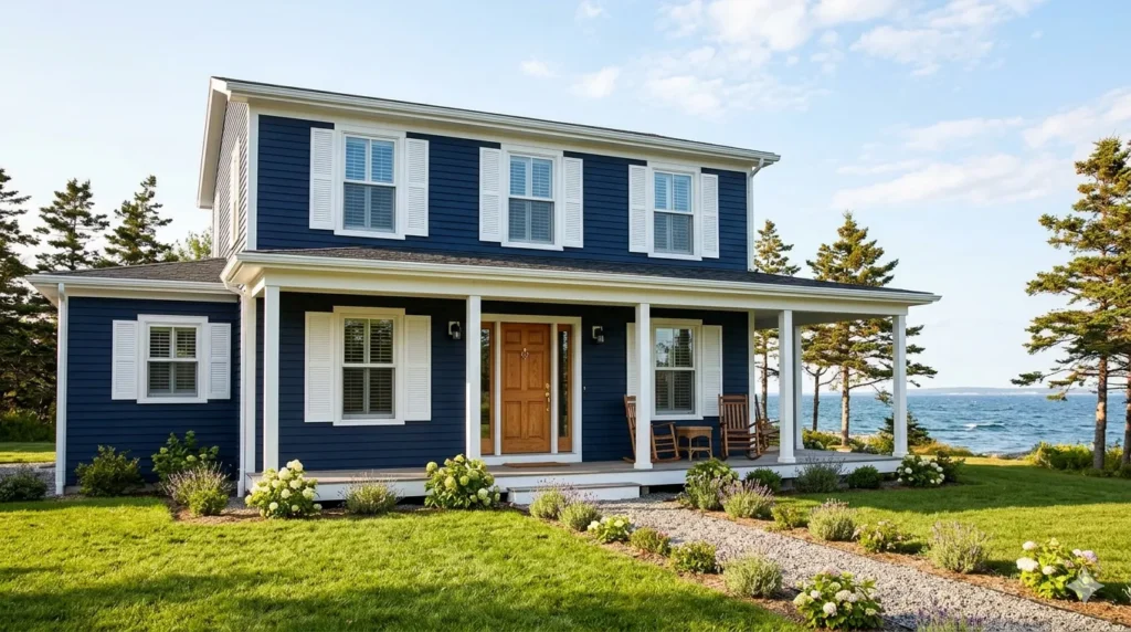 Best exterior paint colors trending – navy blue coastal farmhouse with white shutters and wood door.