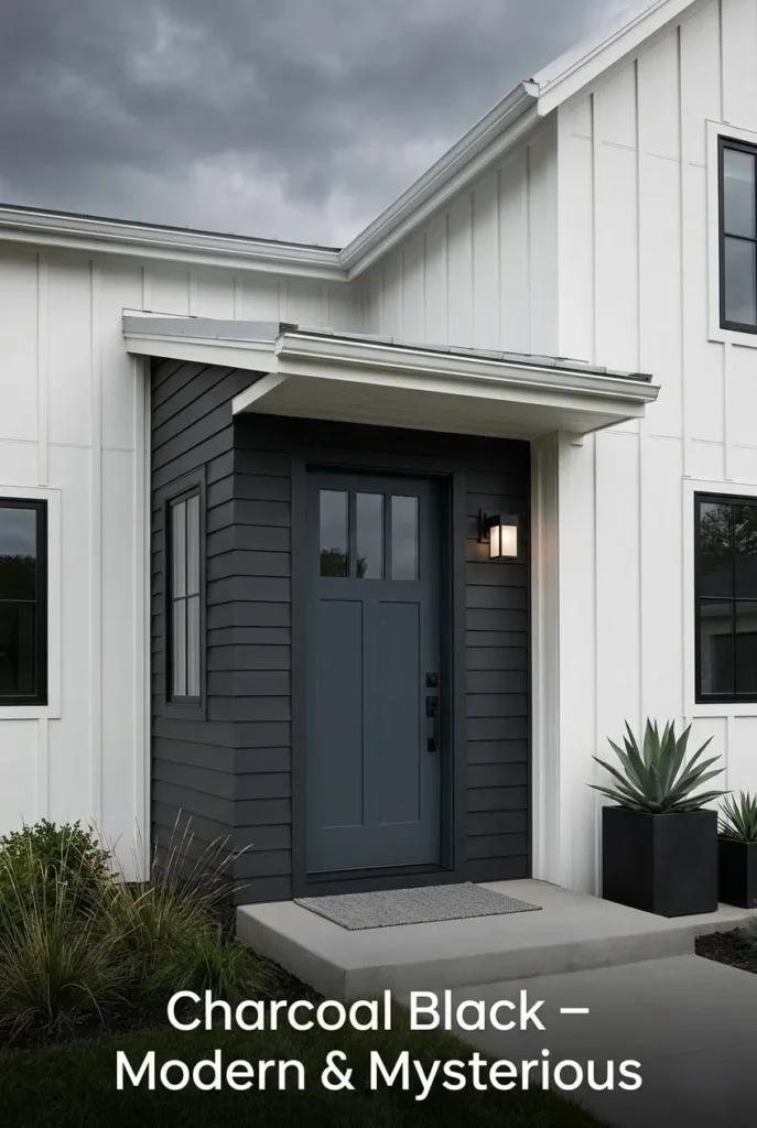 7 bold front door colors: red, navy, yellow, black, sage, teal, terracotta on white houses.-bold front door colours that transform a home exterior