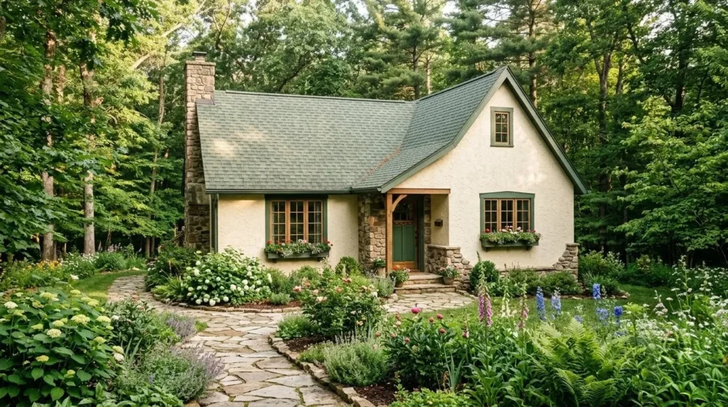 oof colour ideas that complement exterior paint – cottage with forest green roof and cream stucco walls.
