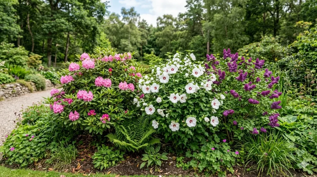 Best flowering plants for year-round color – year‑round blooming shrubs including rhododendron, rose of Sharon, and lilac.