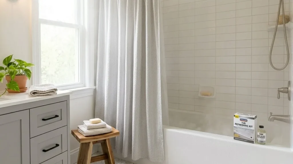 How to renovate a bathroom – step 4 bathtub with curved rod and fabric curtain after refinishing