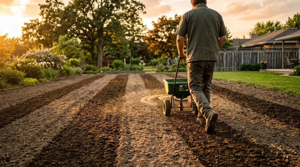 How to get a lush green lawn from scratch – step 5 using a broadcast spreader to plant grass seed evenly.