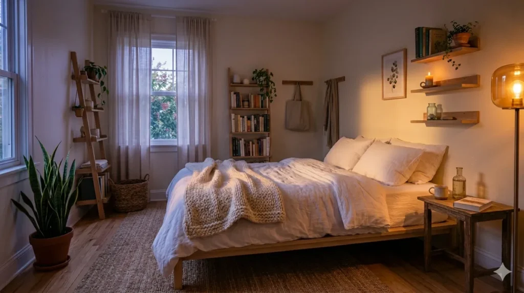 How to style a small bedroom to feel like a retreat – step 5, using floating shelves and high curtains to maximize vertical space.
