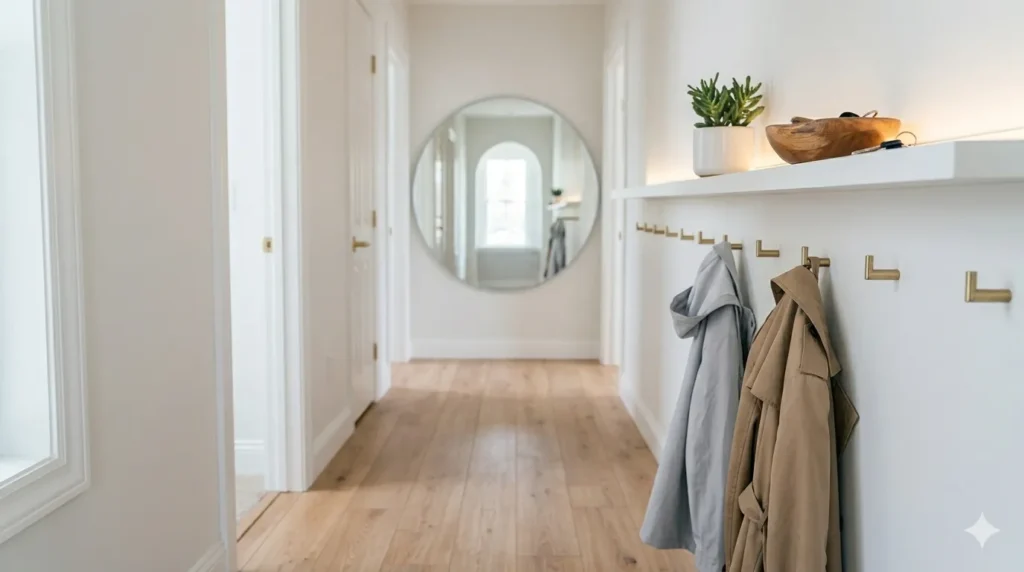 How to transform a dark narrow hallway – step 5, using slim wall‑mounted storage to keep the floor clear.