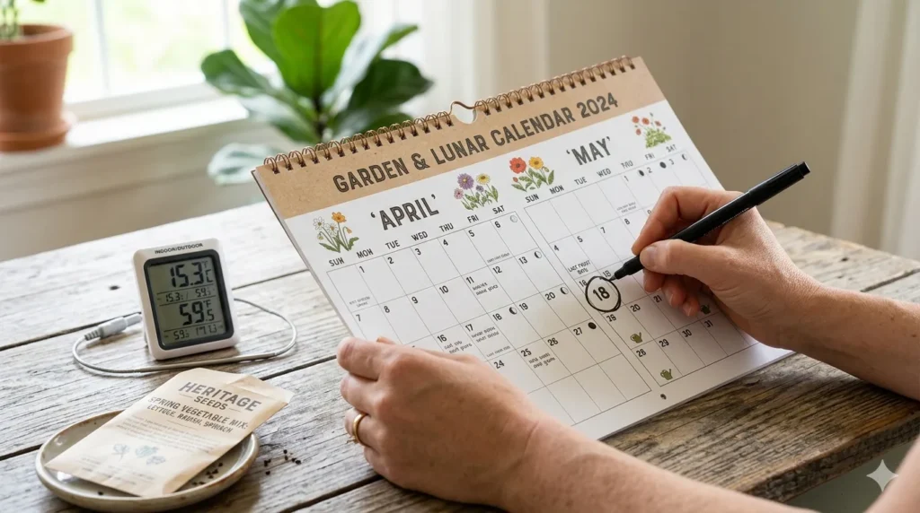 How to start a vegetable garden from scratch – step 5, checking frost dates on a calendar before planting.
