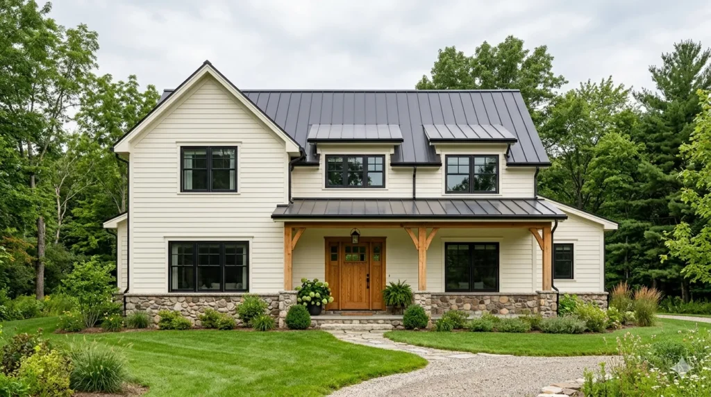 Best exterior paint colors trending – warm white modern farmhouse with black trim and wood door.