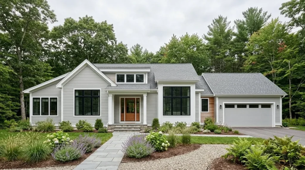 oof colour ideas that complement exterior paint – coastal home with slate blue roof and white siding.