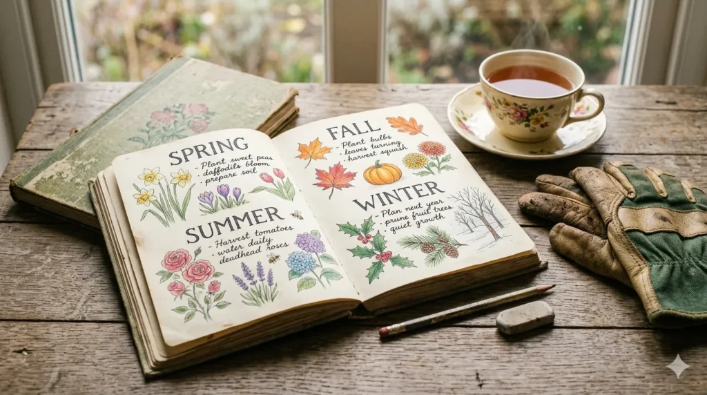 Best flowering plants for year-round color – garden journal showing a four‑season calendar for continuous bloom planning.