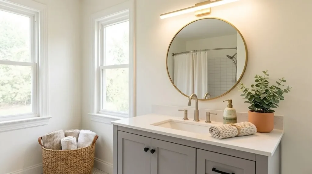 How to renovate a bathroom – step 5 finished bathroom with warm lighting and coordinated accessories.