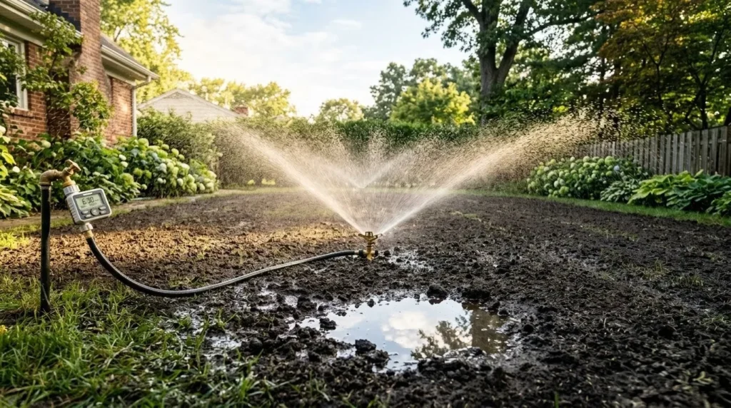How to get a lush green lawn from scratch – step 6 watering new grass seed with a sprinkler and timer.