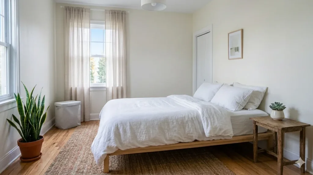 How to style a small bedroom to feel like a retreat – step 6, a clutter-free room with hidden storage and minimal display.